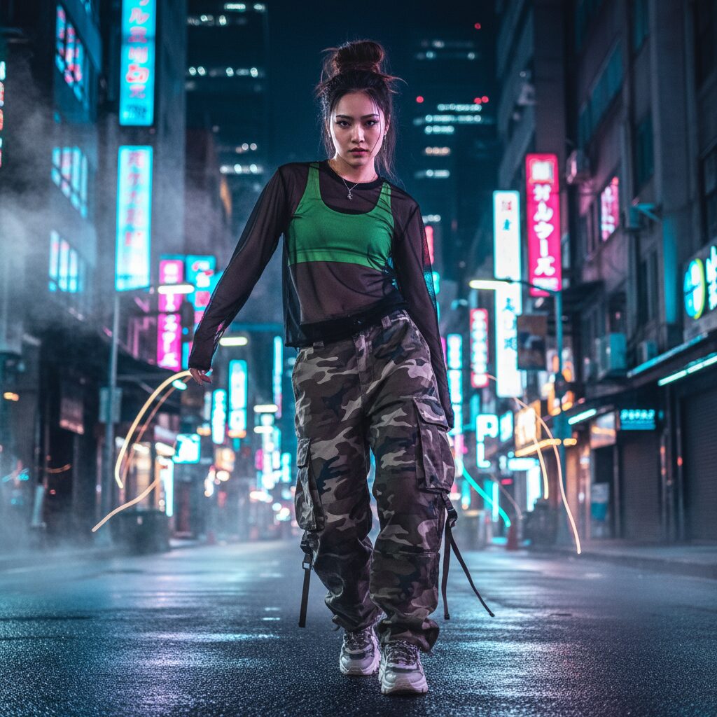 ネオンが輝く夜の街角でポーズをとる日本人女性ダンサー