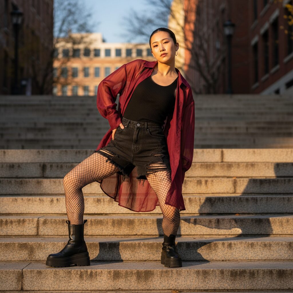 階段に座るダンサーのストリートスナップ