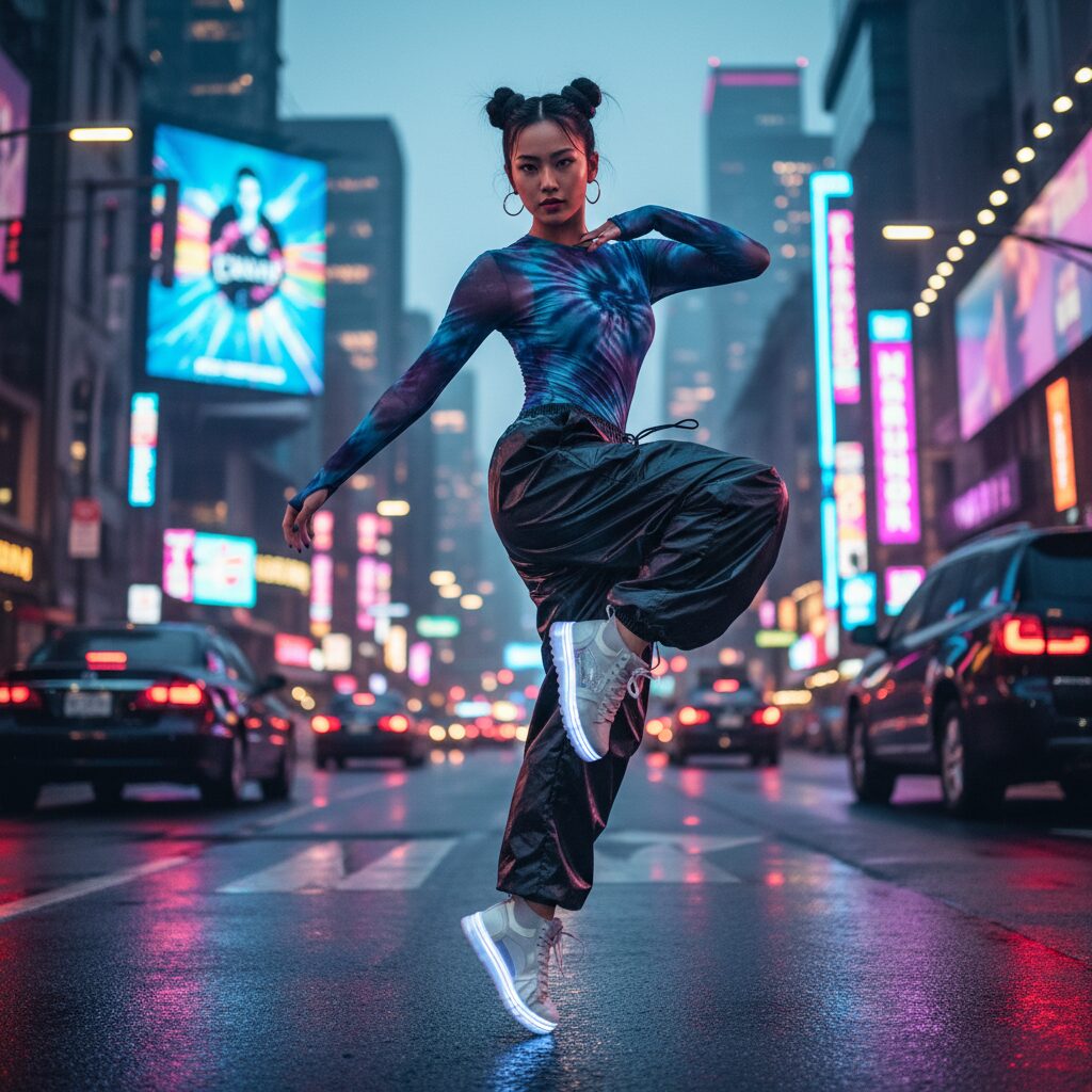 ヒップホップの技を決めるダンサーのダイナミックなアクションショット