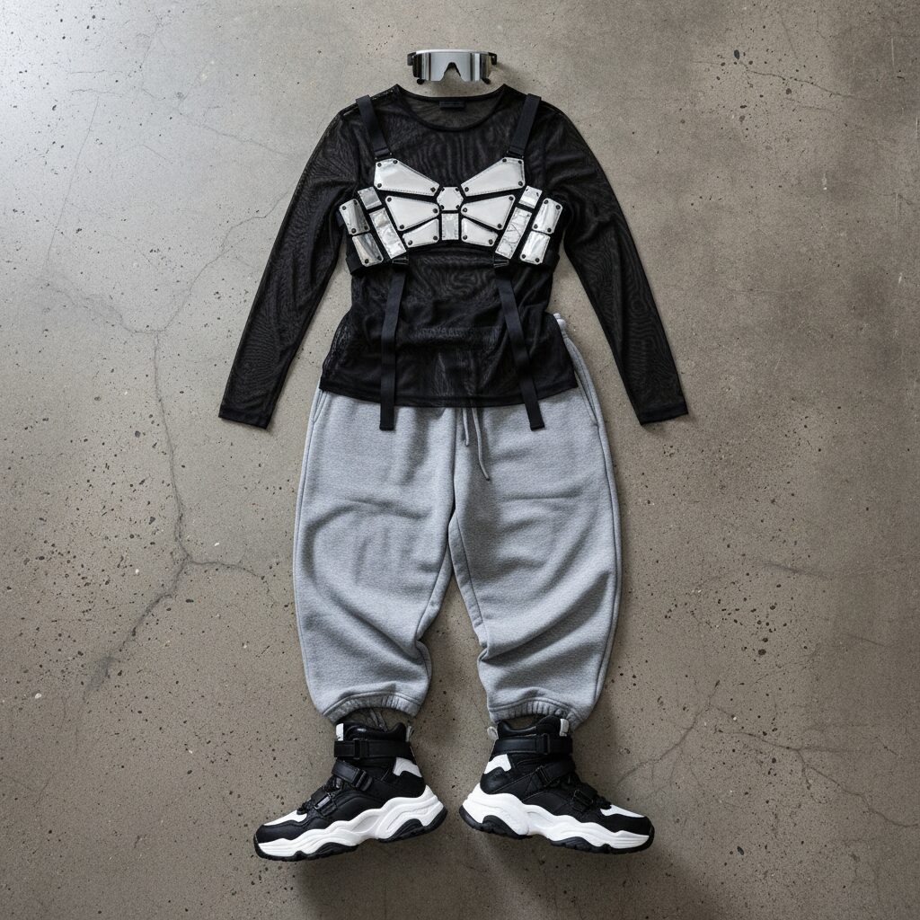 コンクリートの床に並べられたダンス衣装の置き画