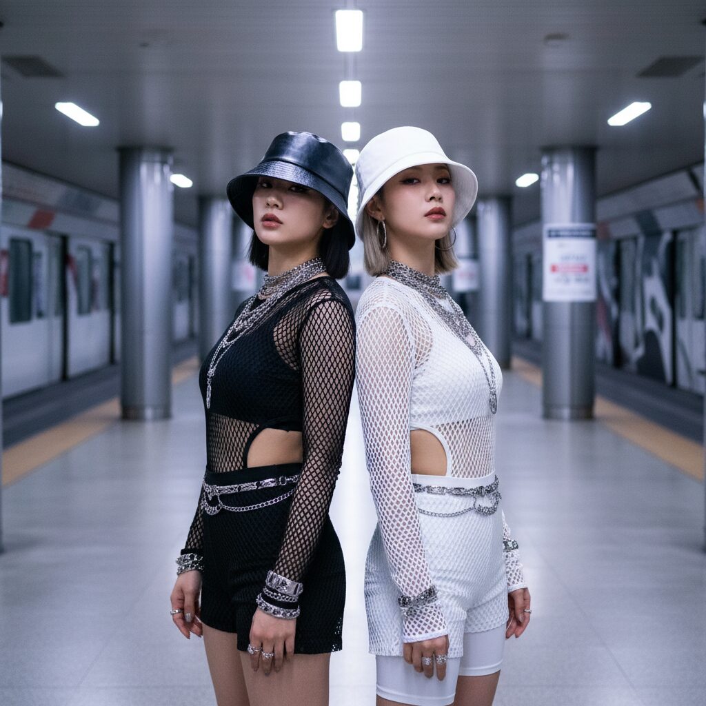 地下鉄の駅のような場所で背中合わせに立つ2人の女性ダンサー