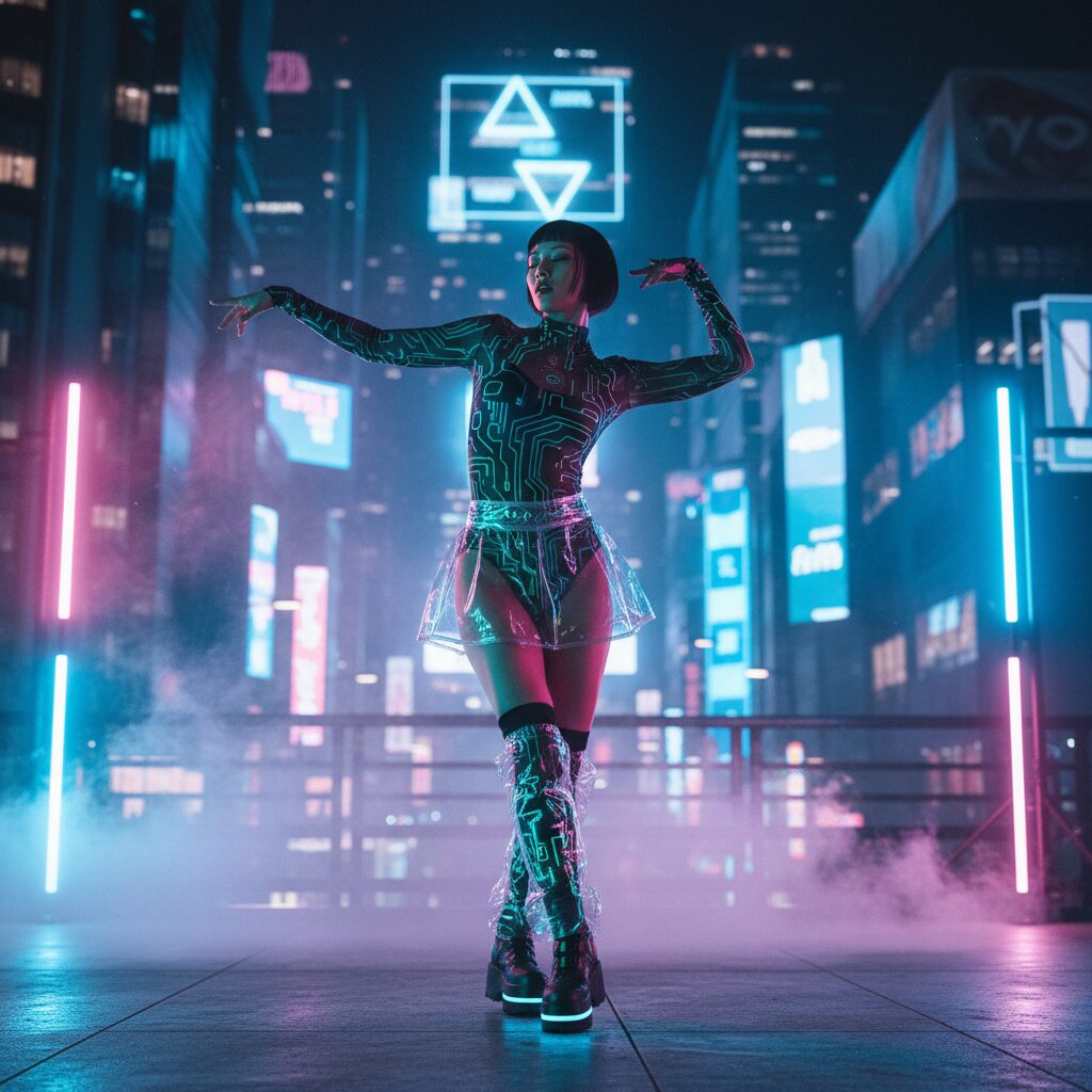 サイバーパンク2025スタイルのダンサーの全身ショット