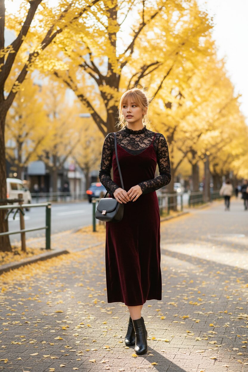 イチョウ並木を歩く日本人女性。ボルドーのベルベットスリップドレスの下に黒の繊細なレーストップスを重ね着している。足元は黒のアンクルブーツ。