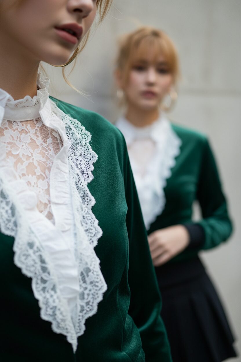 深いエメラルドグリーンのベルベット生地と、繊細な白いシャンテリーレースのテクスチャー対比のアップ写真。