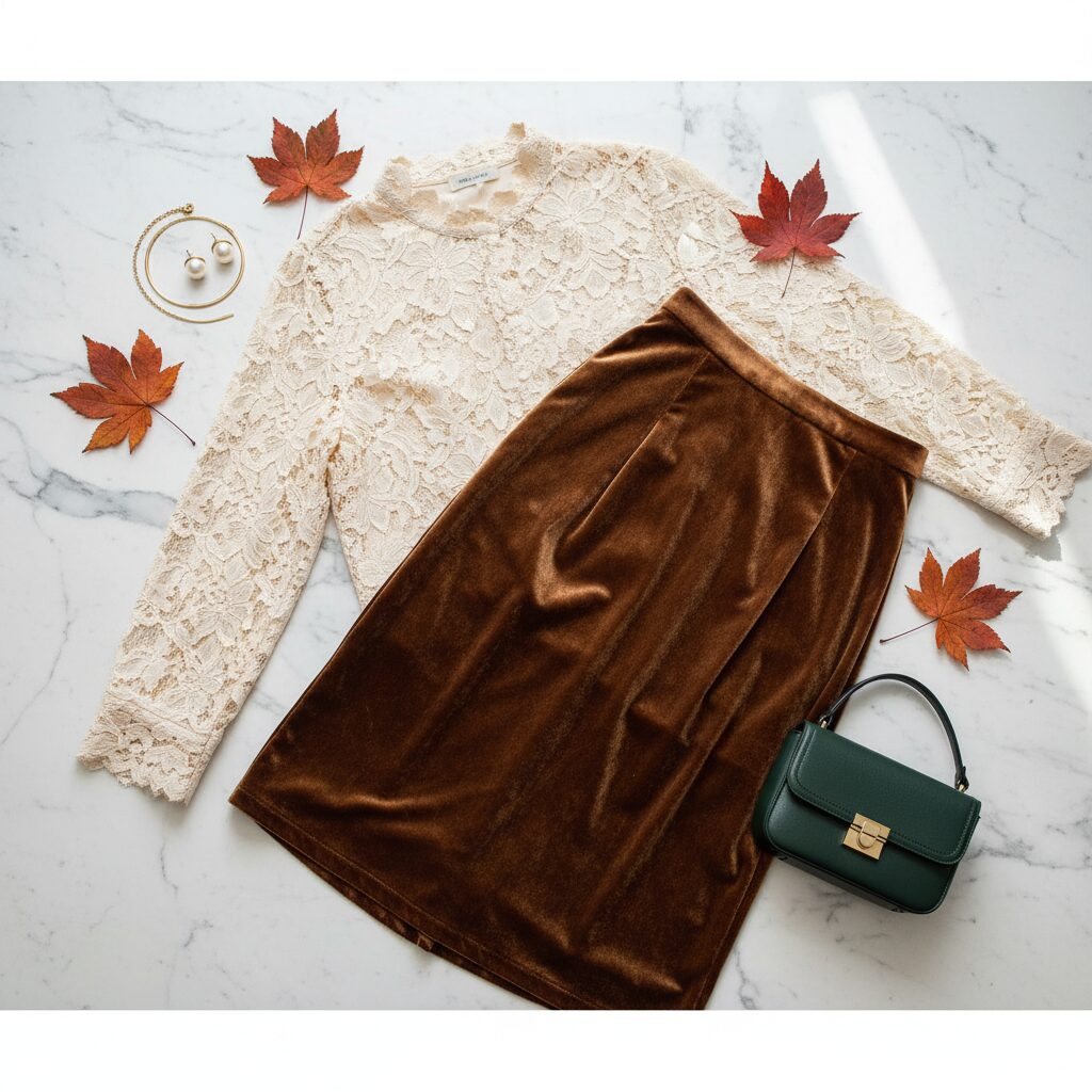 秋のアイテムの置き画。畳まれた茶色のベルベットスカート、クリーム色のレースブラウス、パールピアス、ゴールドネックレス。