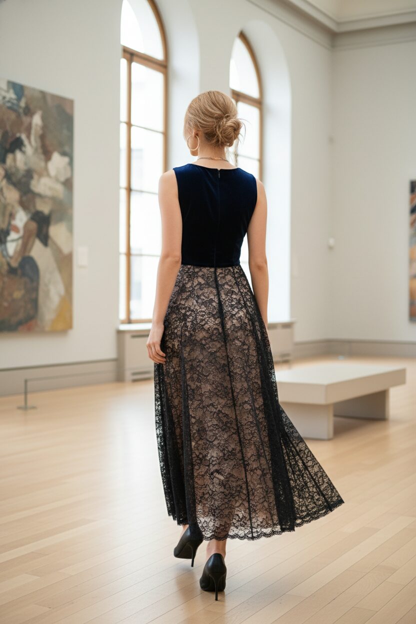ベルベットの身頃とレースのスカートがドッキングしたドレスを着た女性の後ろ姿。美術館のような空間を歩いている。