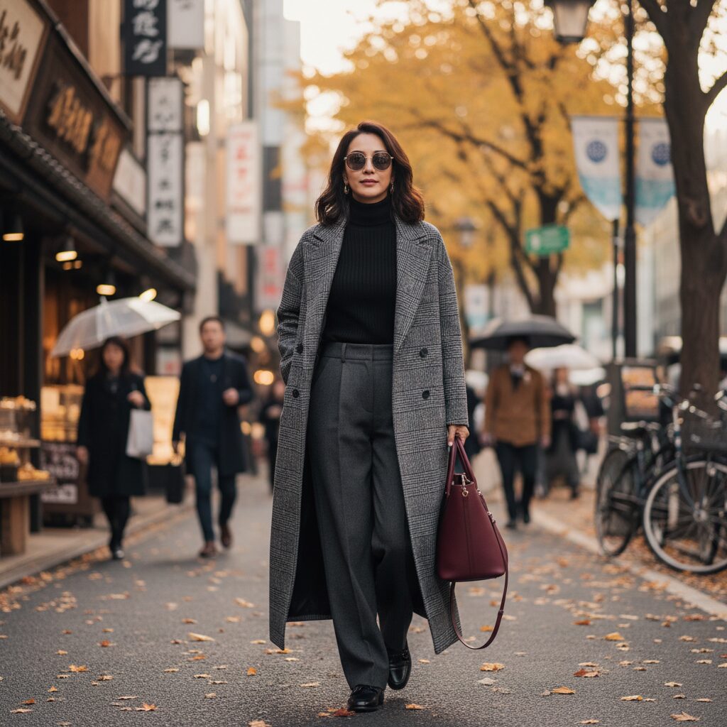 秋の東京の街角を歩く40代のスタイリッシュな日本人女性。上品なグレーのグレンチェックのウールロングコートに、黒のタートルネック、チャコールグレーのワイドパンツを合わせている。プロのファッション写真。