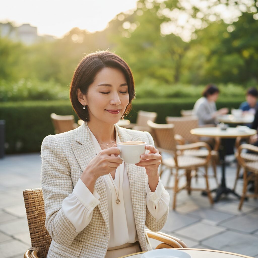 カフェのテラス席に座る50代の日本人女性。ベージュの千鳥格子柄（ハウンドトゥース）のジャケットを白のシルクブラウスの上に羽織っている。コーヒーカップを手に持ち、穏やかに微笑んでいる。