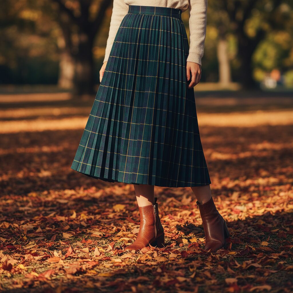女性が着用しているタータンチェックのプリーツミディスカートに焦点を当てたファッションディテールショット。スカートは深緑とネイビーの色合い。茶色のレザーブーツを履いている。地面には落ち葉。