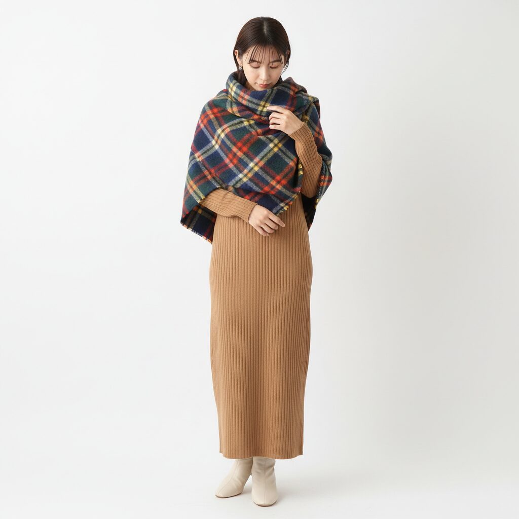 白背景のスタジオに立つ日本人女性。無地のキャメル色のニットワンピースを着て、首元に大判のカラフルなマドラスチェックのストールを巻いてアクセントにしている。ミニマルシックなスタイル。