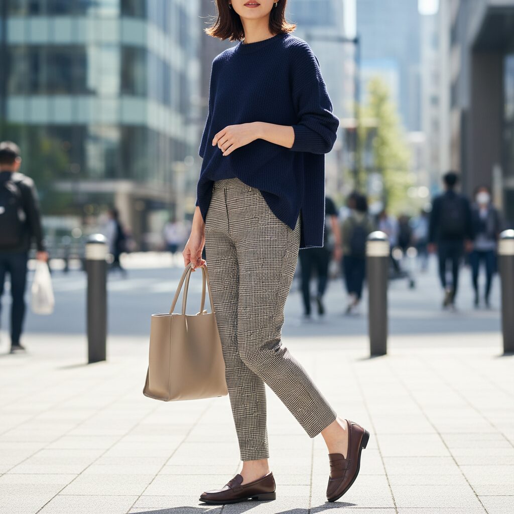 ガンクラブチェックのテーパードパンツを履いた女性のストリートスナップ風写真。シンプルなネイビーのオーバーサイズニットとローファーを合わせている。アーバンシックな雰囲気。