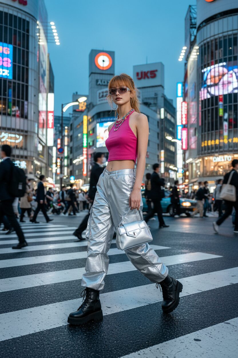 夕暮れの賑やかな渋谷の交差点を背景に、メタリックシルバーの超ローライズカーゴパンツと鮮やかなピンクのクロップドホルタートップ、厚底ブーツを合わせた20代前半の日本人女性。未来的なシルバーのハンドバッグやリムレスサングラスで2025年秋のY2Kネオギャルスタイルを完璧に着こなしている全身ストリートスナップ。