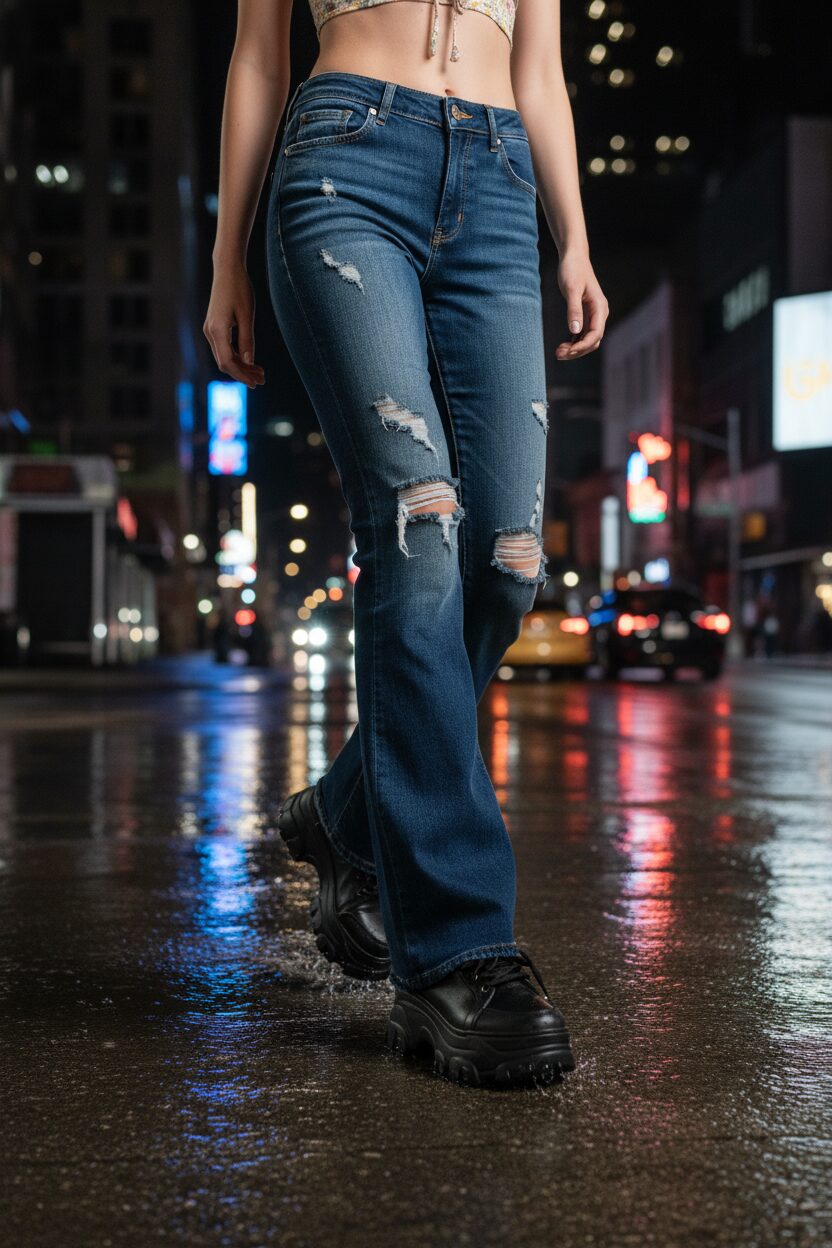夜の濡れたアスファルトの上を歩く人物の足元をローアングルから捉えた写真。ダメージ加工の施されたフレアローライズデニムに、ごつい黒の厚底スニーカーを合わせている。2000年代のストリートファッションを2025年風にアップデートした、エッジの効いたスタイリング。