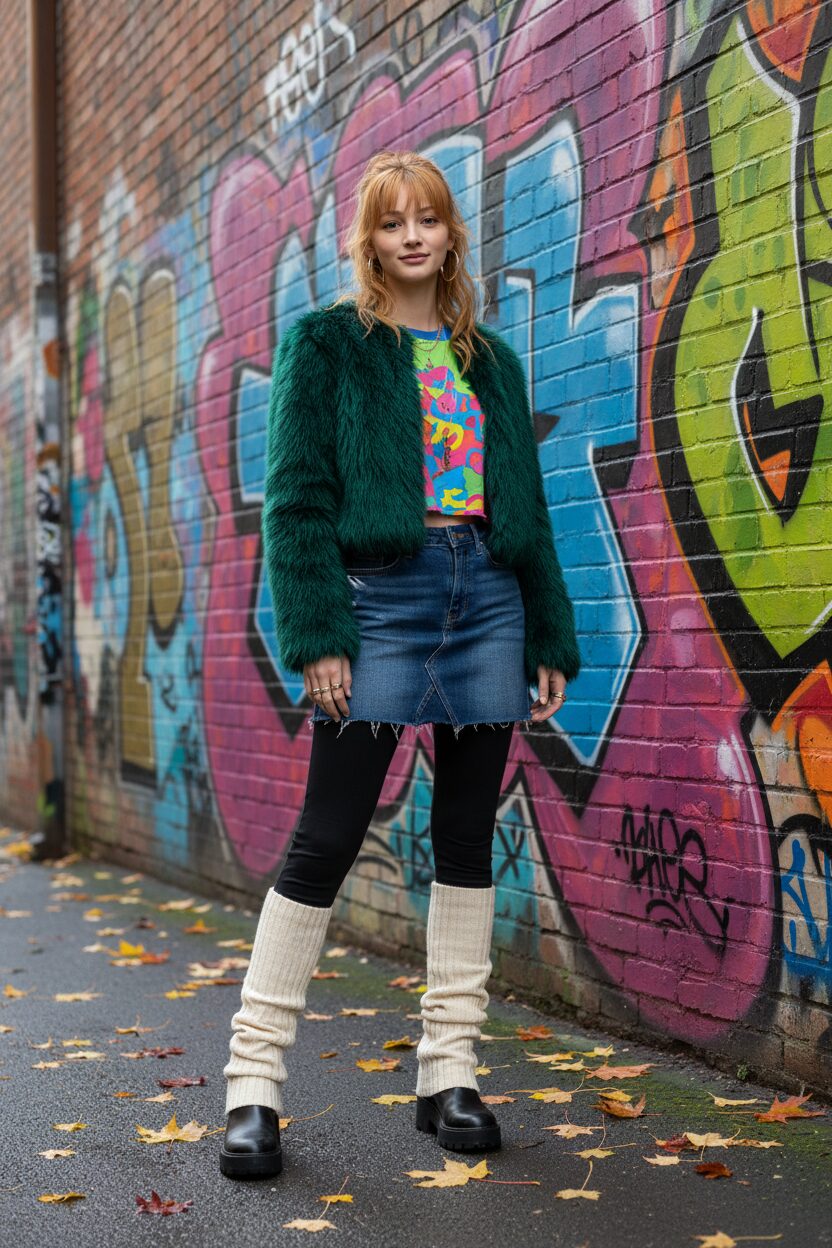都会のグラフィティアートを背景にポーズをとる、Y2Kレイヤードスタイルの人物。クロップド丈のフェイクファージャケットの下に小さなグラフィックTシャツを着て、デニムのミニスカートとフレアレギンスを重ね着している。レッグウォーマーと厚底ブーツがアクセントになった、2025年秋の個性的なコーディネート。