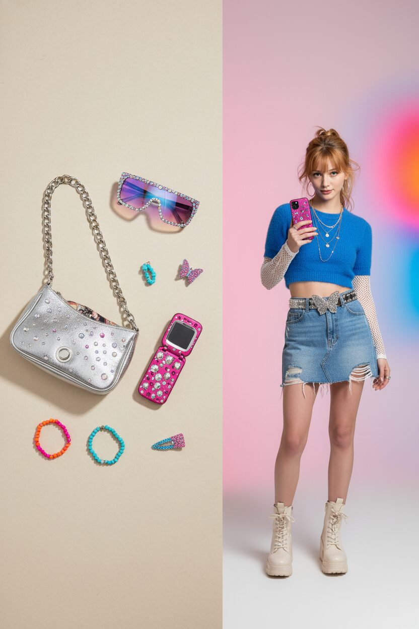 2025年秋のY2Kネオギャルスタイルに欠かせない小物たちのフラットレイ写真。メタリックシルバーのショルダーバッグ、ラインストーンで飾られたピンクのガラケー、蝶のヘアクリップ、カラフルなビーズのブレスレット、そして大きなシールドサングラスがミニマルな背景に並べられている。