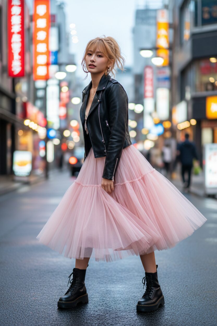 黒のレザーライダースジャケットに、ふんわりとしたピンクのチュールスカートを合わせた20代前半の日本人女性。ゴツめの厚底ブーツを履き、ネオンが灯る東京のストリートに立つ全身コーディネート写真。