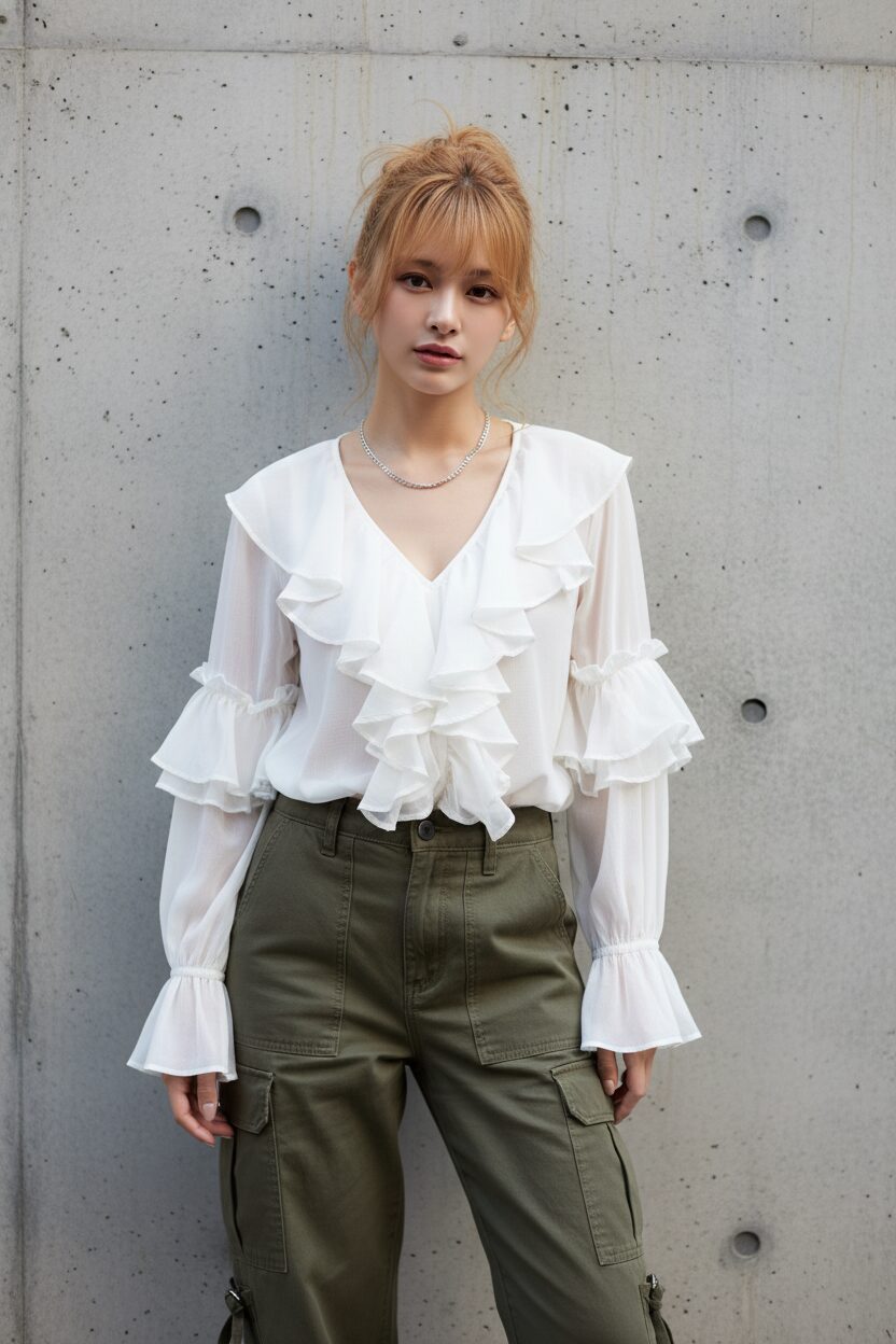 オリーブグリーンのカーゴパンツに、繊細な白いフリルブラウスを合わせた若い日本人女性。コンクリートの壁を背景にポーズをとっており、服の素材感の違いが自然光で際立っているファッション誌のような一枚。