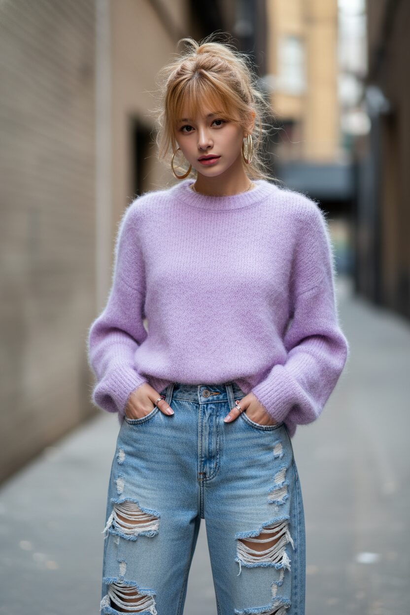 ダメージ加工が施されたワイドデニムと、ラベンダー色のふわふわしたモヘアニットを組み合わせた「ヤンカワ」スタイルのクローズアップ。シルバーリングをつけた手がポケットに入っており、ファッションのディテールと素材感が強調されている。