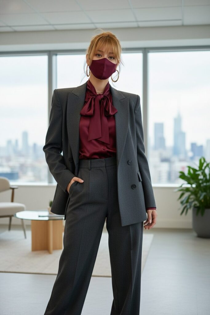 明るくモダンなオフィスに立つ、20代後半のビジネスウーマン。2025年秋冬のトレンドである80年代風オフィスルックを着こなしている。チャコールグレーのパワーショルダージャケットとハイウエストのワイドパンツを着用し、インナーには光沢のあるバーガンディ色のサテン製ボウタイブラウスを合わせている。口元にはブラウスと同色のスタイリッシュなマスクをつけ、耳には大ぶりのゴールドのフープピアスが輝く。大きな窓から都市の景色が見え、自信に満ちた表情でカメラを見つめている、洗練された横長のファッション写真。