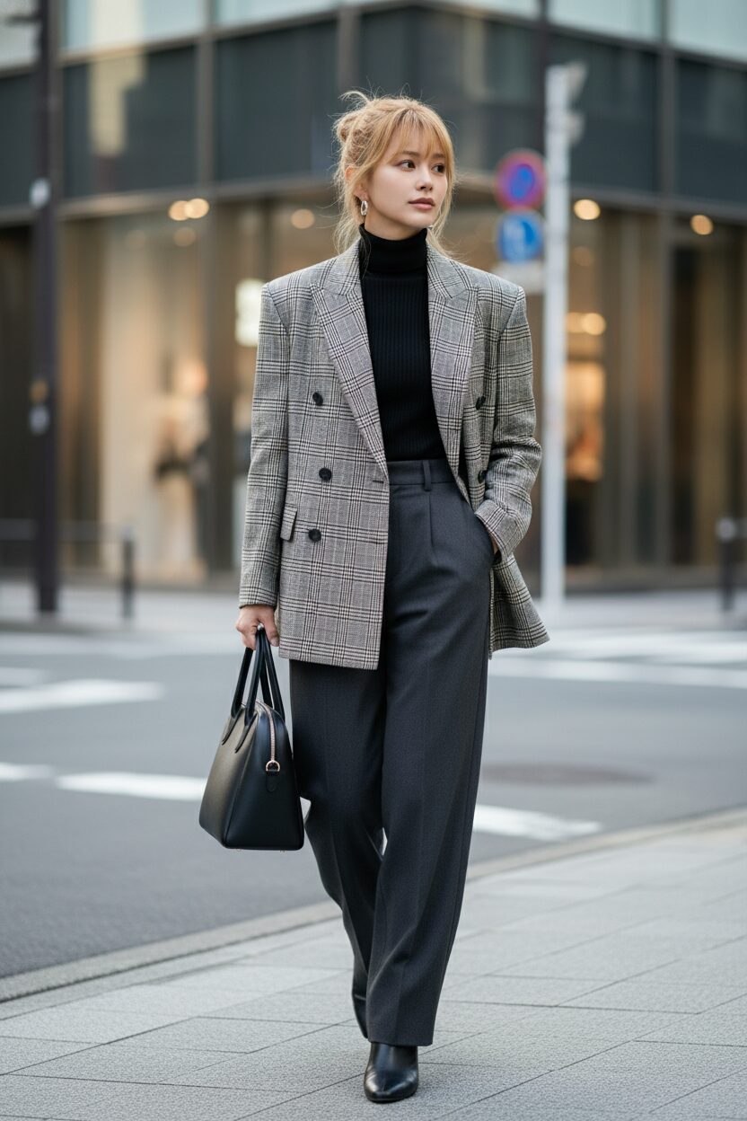 東京の近代的なオフィス街を颯爽と歩く30代前半の日本人女性。オーバーサイズのグレンチェック柄パワーショルダージャケットに黒のタートルネック、チャコールグレーのハイウエストワイドパンツを合わせた、洗練された80年代風オフィスコーデ。