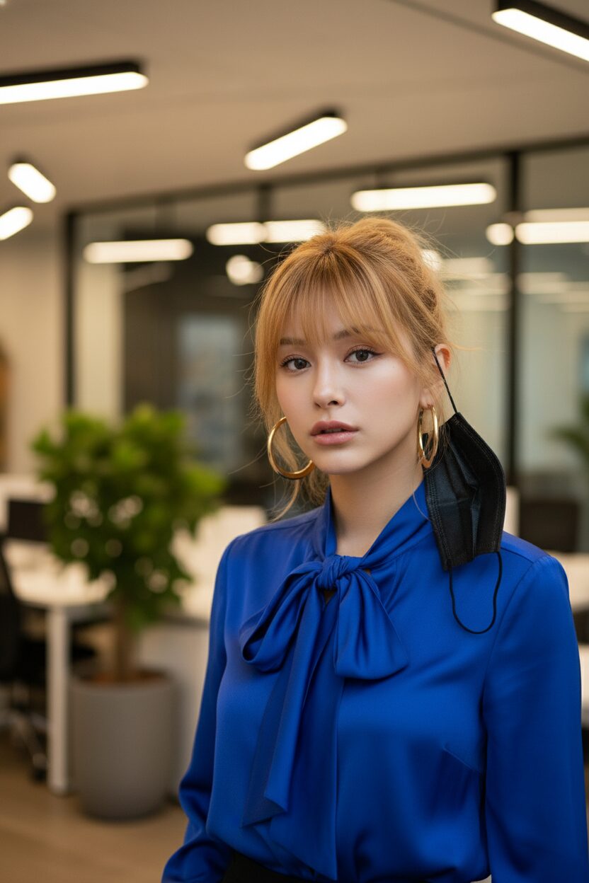 オフィスで休憩中の、鮮やかなブルーのシルクボウタイブラウスを着たおしゃれなアジア人女性のクローズアップ。上品なメイクと、目を引く大ぶりのゴールドフープイヤリングを身につけ、片方の耳には黒いマスクがかかっている。