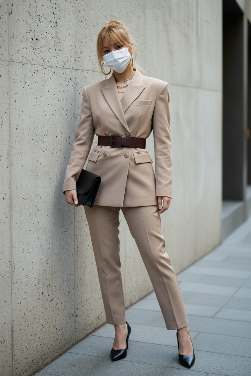 ベージュのパワーショルダージャケットとハイウエストパンツのセットアップを着こなす女性。幅広のブラウンベルトでウエストマークし、足元はスクエアトゥのヒールを合わせた、現代的な80年代風オフィススタイル。白いシンプルなマスクを着用。