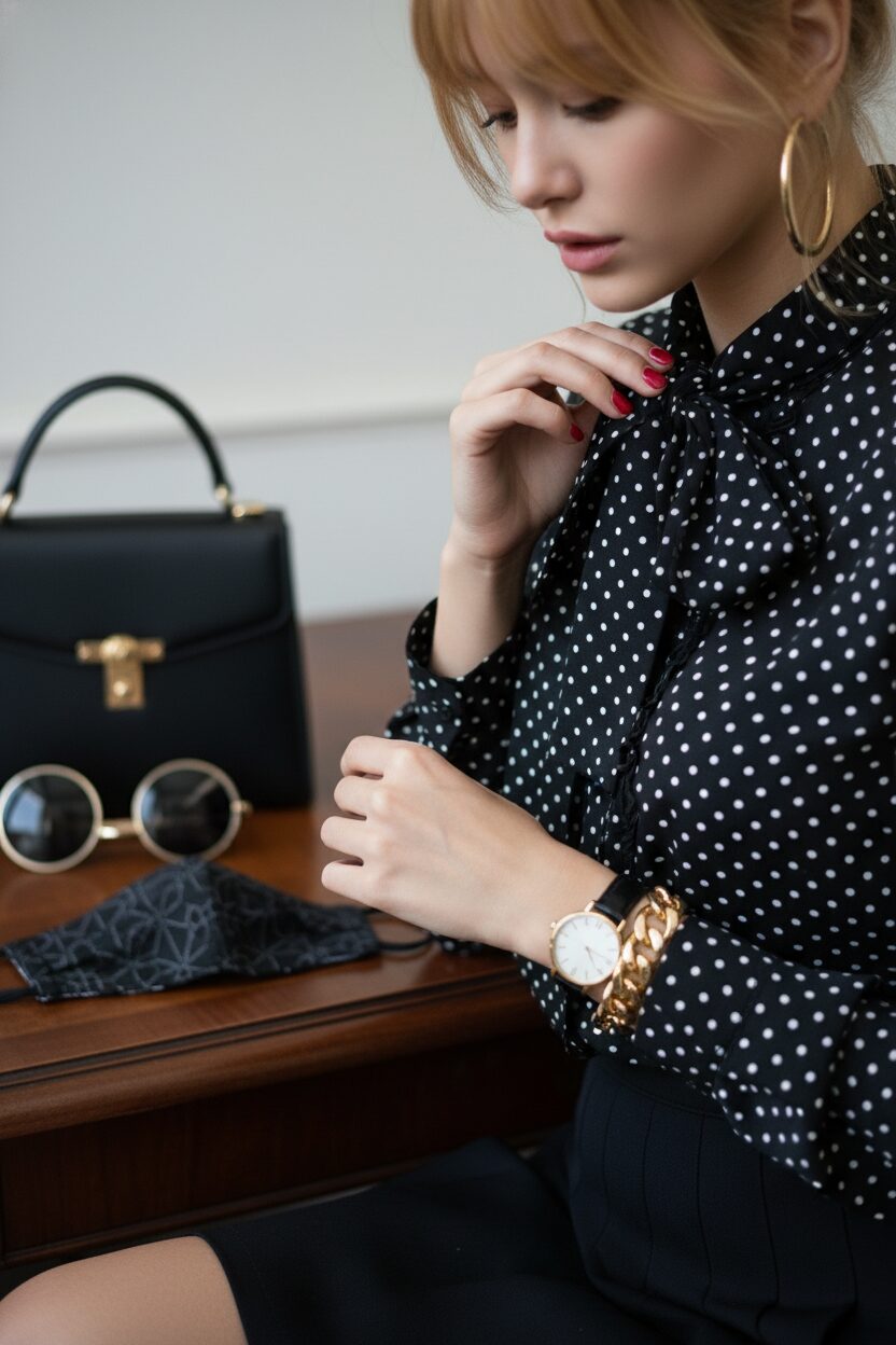 80年代風コーディネートの小物に焦点を当てた写真。赤いマニキュアをした女性の手が、水玉模様のブラウスのリボンを結んでいる。手首には存在感のあるゴールドのチェーンブレスレットとヴィンテージ風の腕時計。デスクの上にはかっちりとしたレザーハンドバッグとスタイリッシュな布マスクが見える。