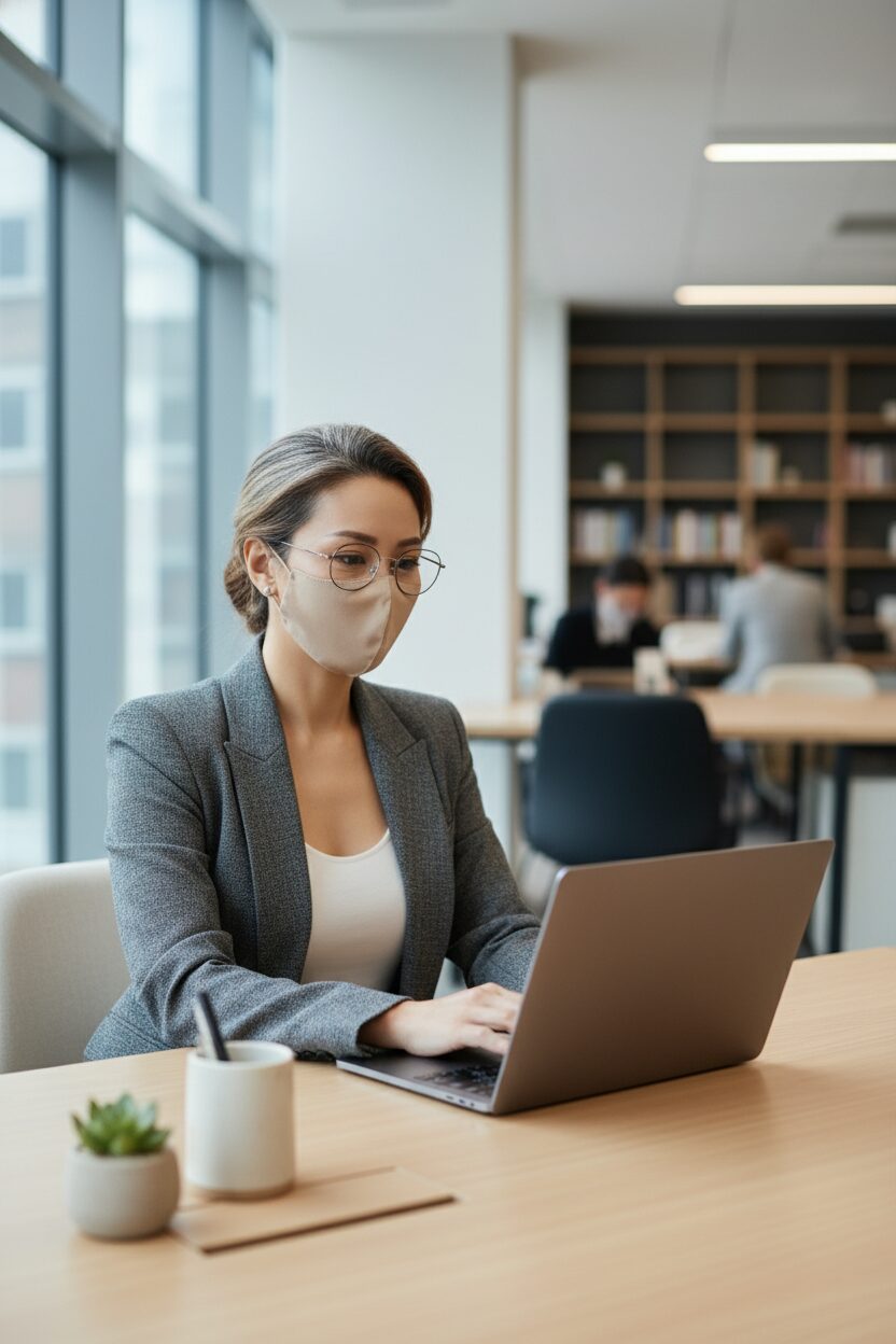 オフィスでデスクに向かう40代のアジア人女性。洗練されたグレーのパワーショルダージャケットに白いトップスを合わせ、上品なメガネと服に馴染むニュートラルカラーの布マスクを着用し、自信に満ちた表情でノートパソコンを見ている。