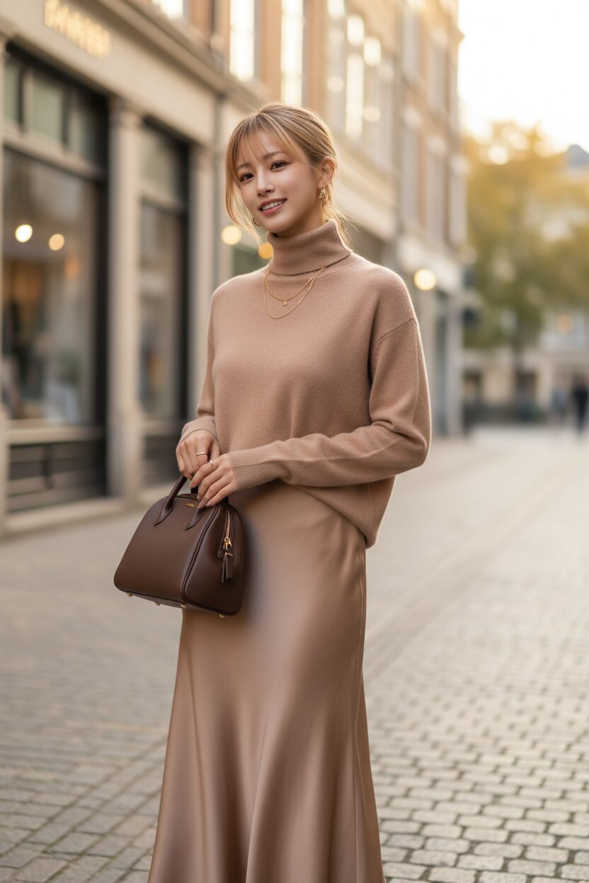 柔らかな「モカ・ムース」カラーのカシミアタートルネックセーターとシルクブレンドのミディスカートを合わせたワントーンコーデの30代前半の日本人女性。ヨーロッパの秋の街角を背景に、ダークブラウンのハンドバッグを持ち、上品に佇んでいる。プロが撮影したファッション誌のような一枚。