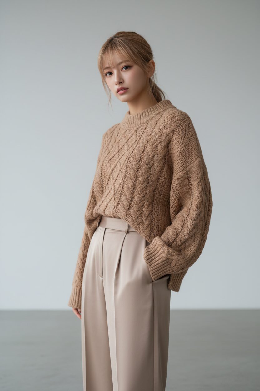 「モカ・ムース」カラーのワントーンコーデで、ざっくりとしたケーブルニットと光沢のあるサテンのワイドパンツを合わせた、素材感の違いが際立つクローズアップ写真。ミニマルでおしゃれなスタジオで撮影された、モダンで洗練された雰囲気。