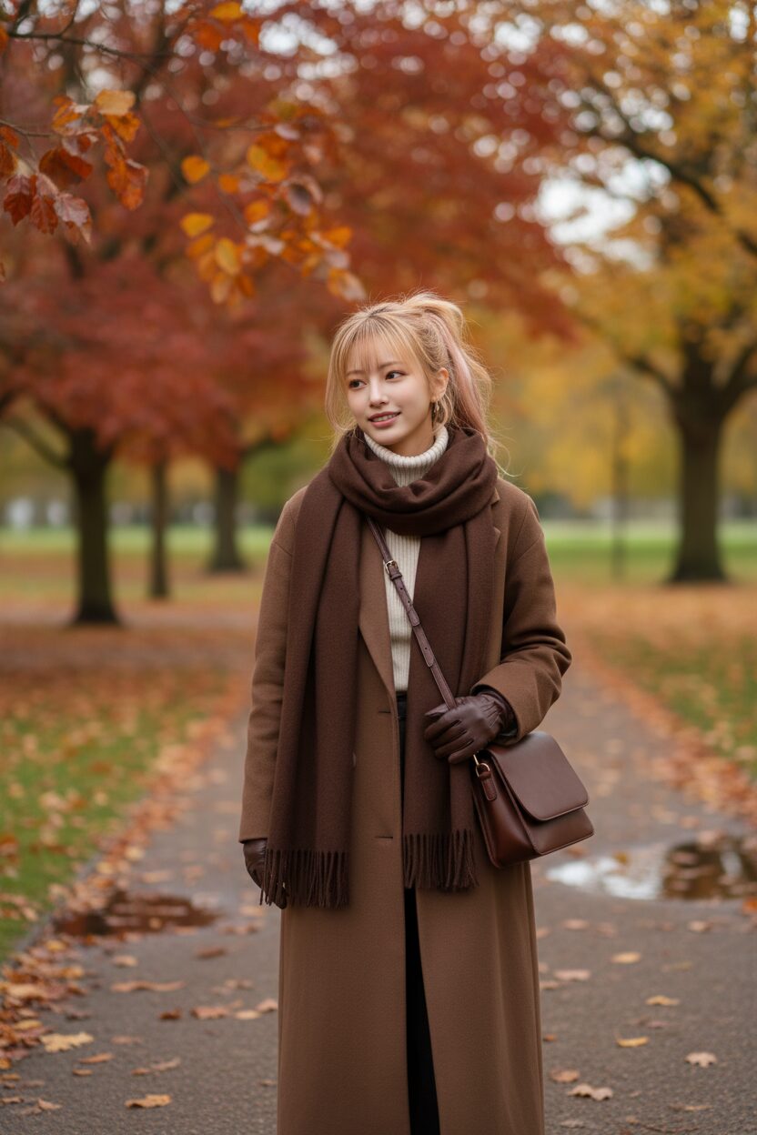 晩秋の公園を歩く20代後半の日本人女性。「モカ・ムース」カラーのエレガントなロングウールコートを主役に、ダークチョコレートブラウンのスカーフやバッグをアクセントにしたコーディネート。背景の紅葉が美しい、自然な雰囲気のストリートスナップ。