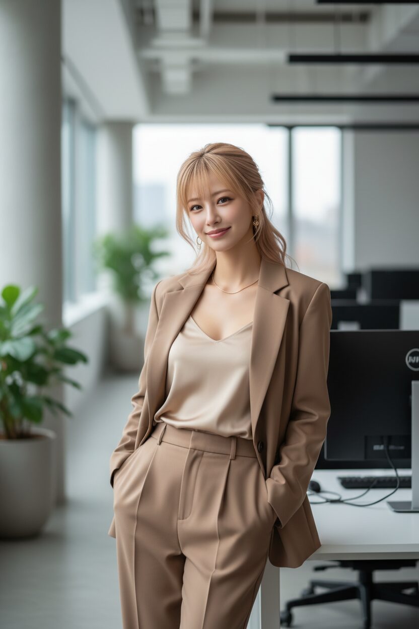 モダンなオフィスで働く30代の日本人女性。「モカ・ムース」カラーのテーラードジャケットとパンツのセットアップに、明るいベージュのキャミソールを合わせた、洗練されたオフィスカジュアルコーデ。自信に満ちた、親しみやすい表情が印象的。