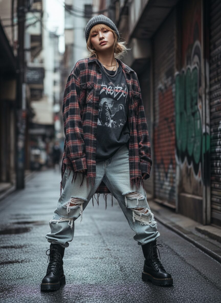 色褪せたバンドTシャツの上に、オーバーサイズの再構築されたチェック柄フランネルシャツを羽織り、ゆったりとしたダメージジーンズを合わせた20代前半の日本人。黒のコンバトブーツとシルバーのチェーンネックレスで、東京のグラフィティアートがある路地裏に立つ、ネオグランジスタイルの全身ストリートスナップ。
