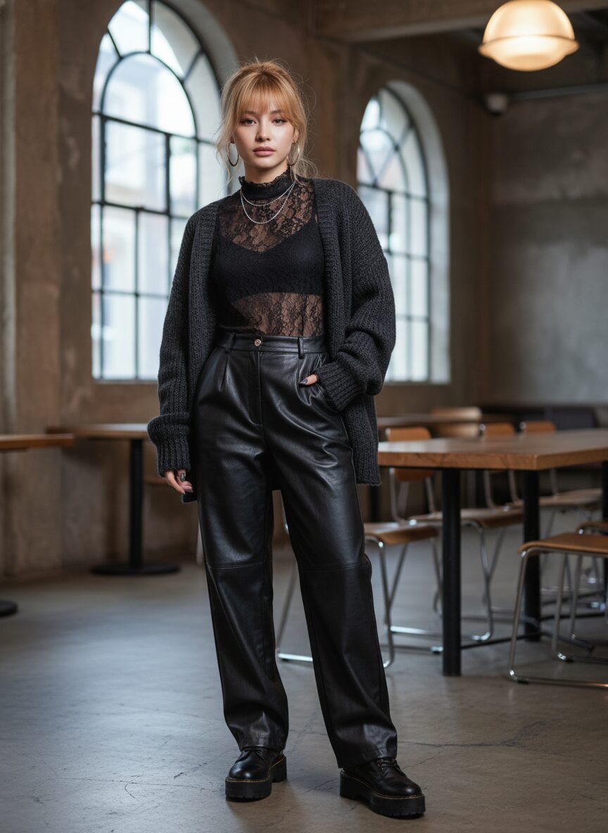 ダメージ加工が施された分厚いモヘアカーディガンの下に、繊細なシアーレースのブラウスを重ね着し、ワイドシルエットのフェイクレザーパンツを合わせた人物のミディアムショット。コンクリート壁のインダストリアルなカフェで撮影された、洗練されたネオグランジスタイル。