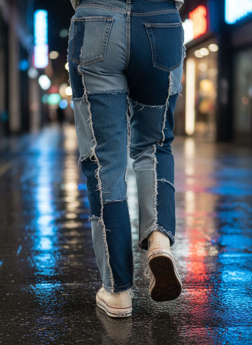 様々な色合いのデニムが、ほつれた縫い目を見せながらパッチワークされた再構築デニムジーンズのクローズアップ。ヴィンテージ風のスニーカーを履き、夜のネオンが反射する濡れた街の歩道を歩いている。ネオグランジスタイルのディテールを捉えた一枚。
