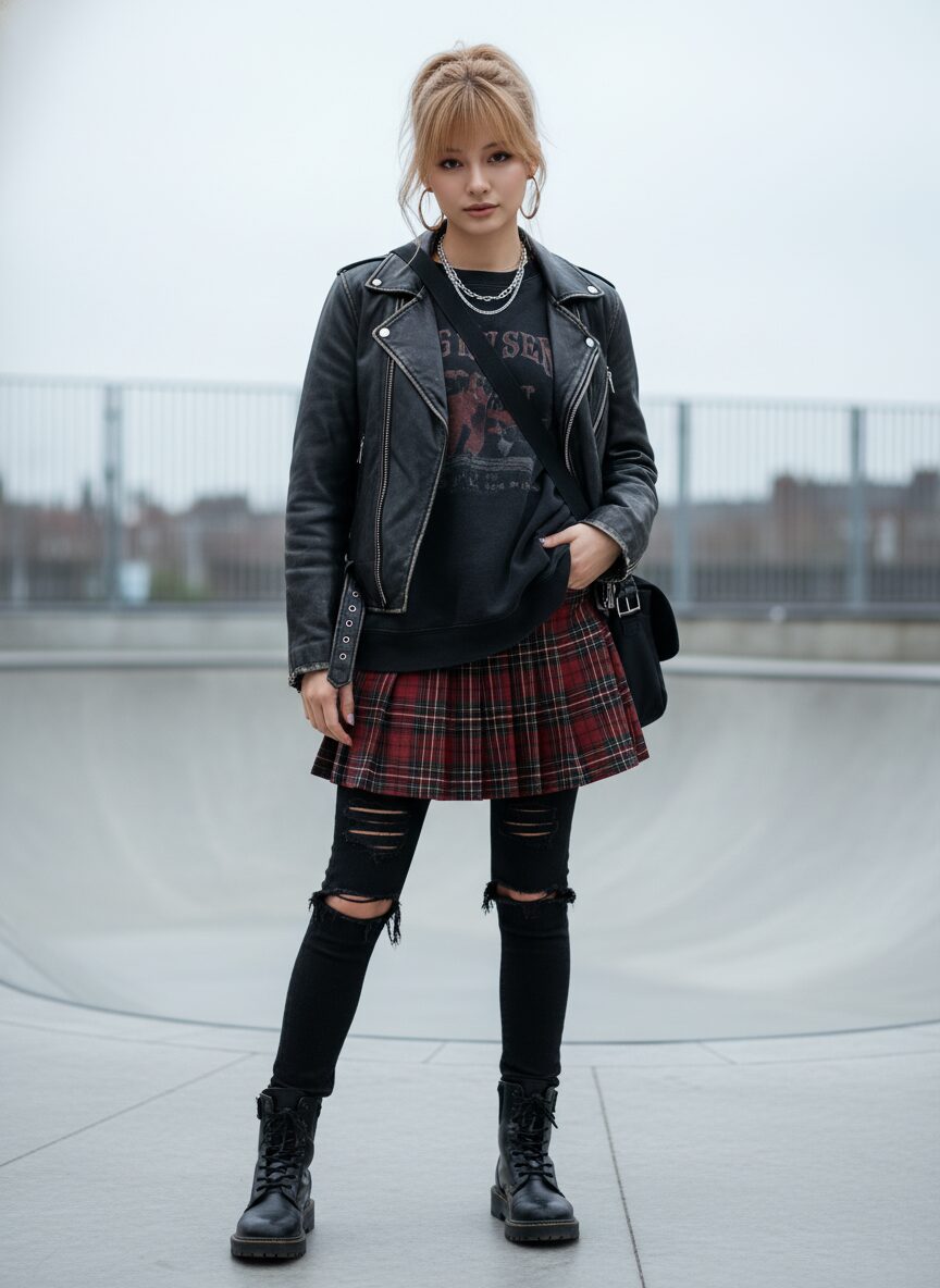 破れた黒のスキニージーンズの上に、膝丈のプリーツ入りチェックスカートを重ね、ヴィンテージ風のオーバーサイズバンドスウェットとレザーのバイカージャケットを合わせた、アンドロジナスな雰囲気の人物。ミニマルなコンクリートのスケートパークを背景にした、ジェンダーレスなネオグランジスタイルの全身写真。