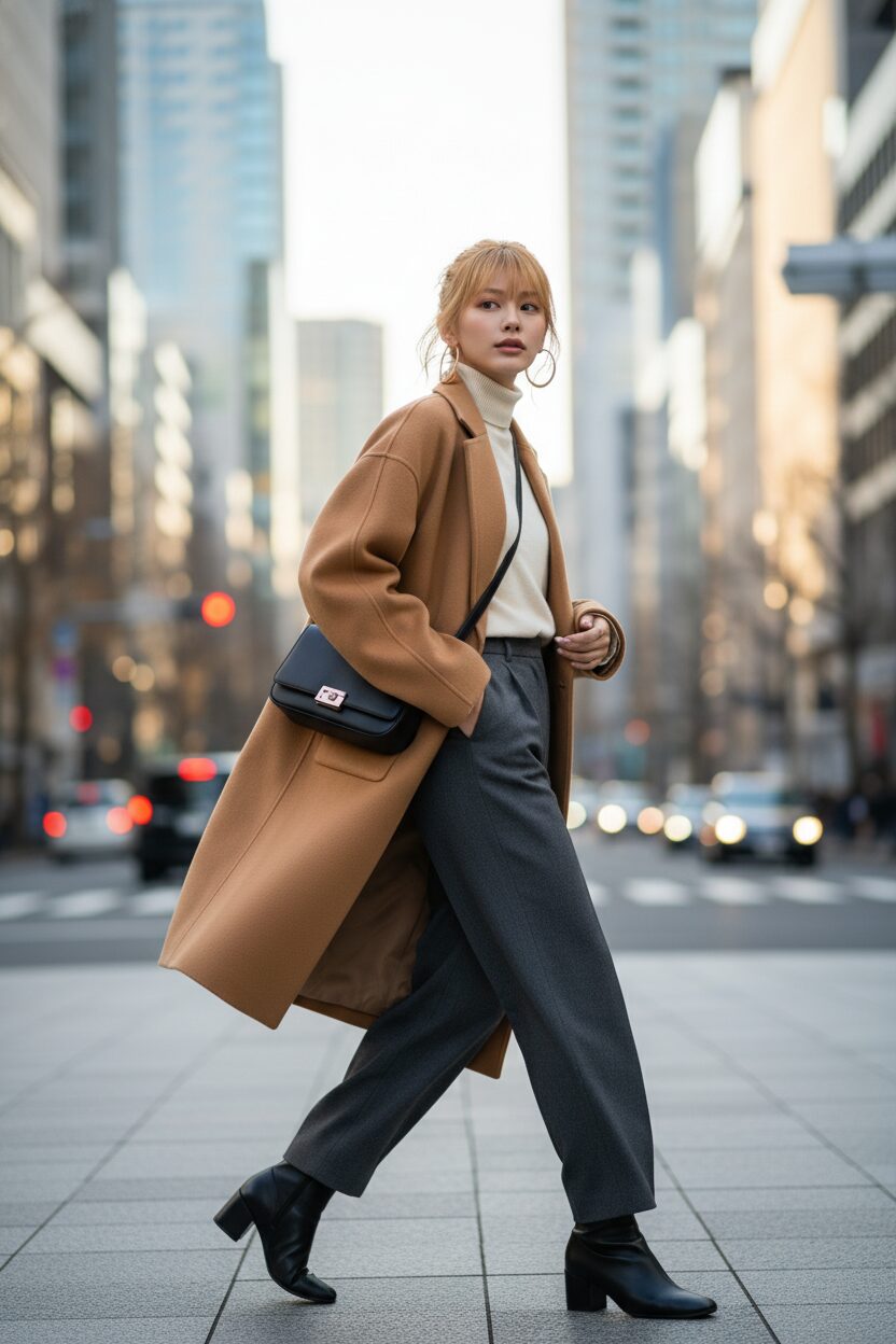 東京・丸の内のおしゃれな街並みを背景に、キャメル色のオーバーサイズチェスターコートを着て颯爽と歩く30代の日本人女性。クリーム色のタートルネックとチャコールグレーのワイドパンツを合わせた、洗練された冬のコーディネート。