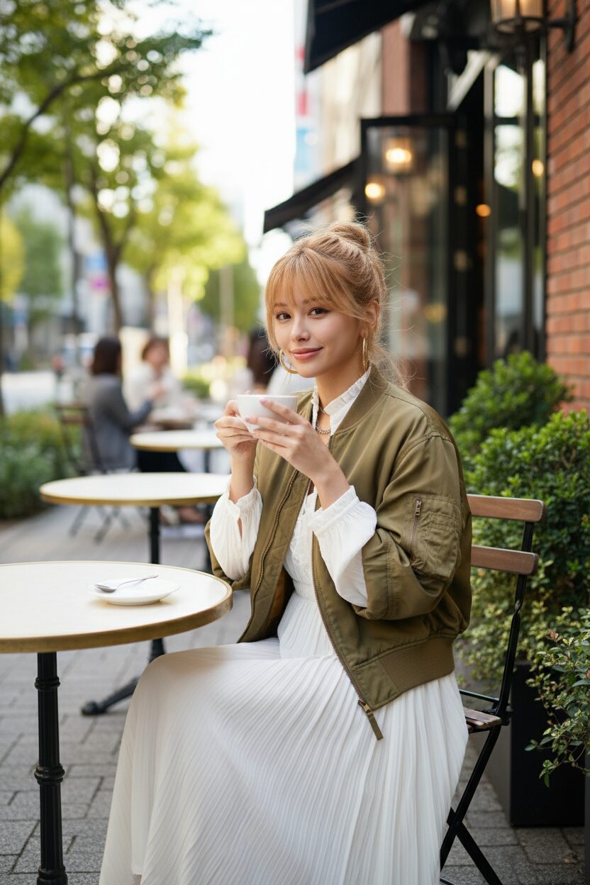 東京・代官山のカフェテラスで、カーキ色のショート丈ブルゾンと白いプリーツワンピースの甘辛ミックスコーデを楽しむ20代後半の日本人女性。午後の柔らかな光の中で、リラックスした表情でコーヒーを手にしている。