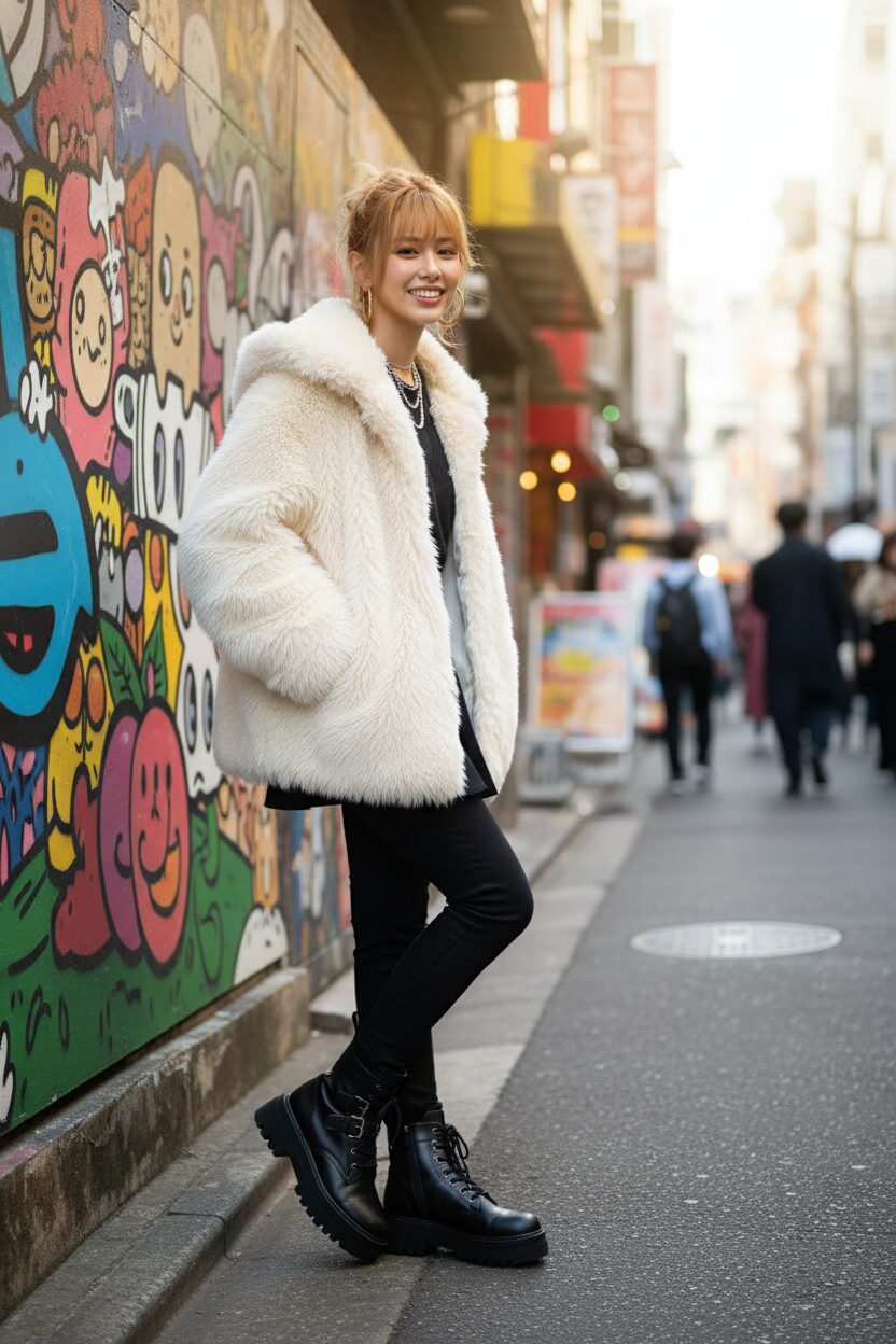 東京・原宿のカラフルなグラフィティアートの壁を背に、クリーム色のもこもこしたボアブルゾンを着て笑顔を見せる若い日本人女性。黒のスキニーパンツと厚底ブーツを合わせた、トレンド感あふれる元気なストリートスタイル。