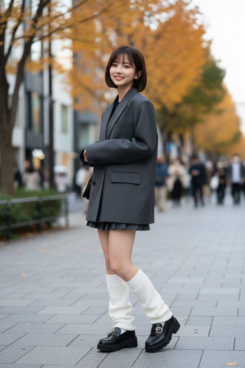 東京の表参道を背景にした、チャコールグレーのオーバーサイズブレザーと超ミニプリーツスカートを合わせた女性の全身ショット。足元はボリュームのある白いルーズソックスと厚底ローファー。