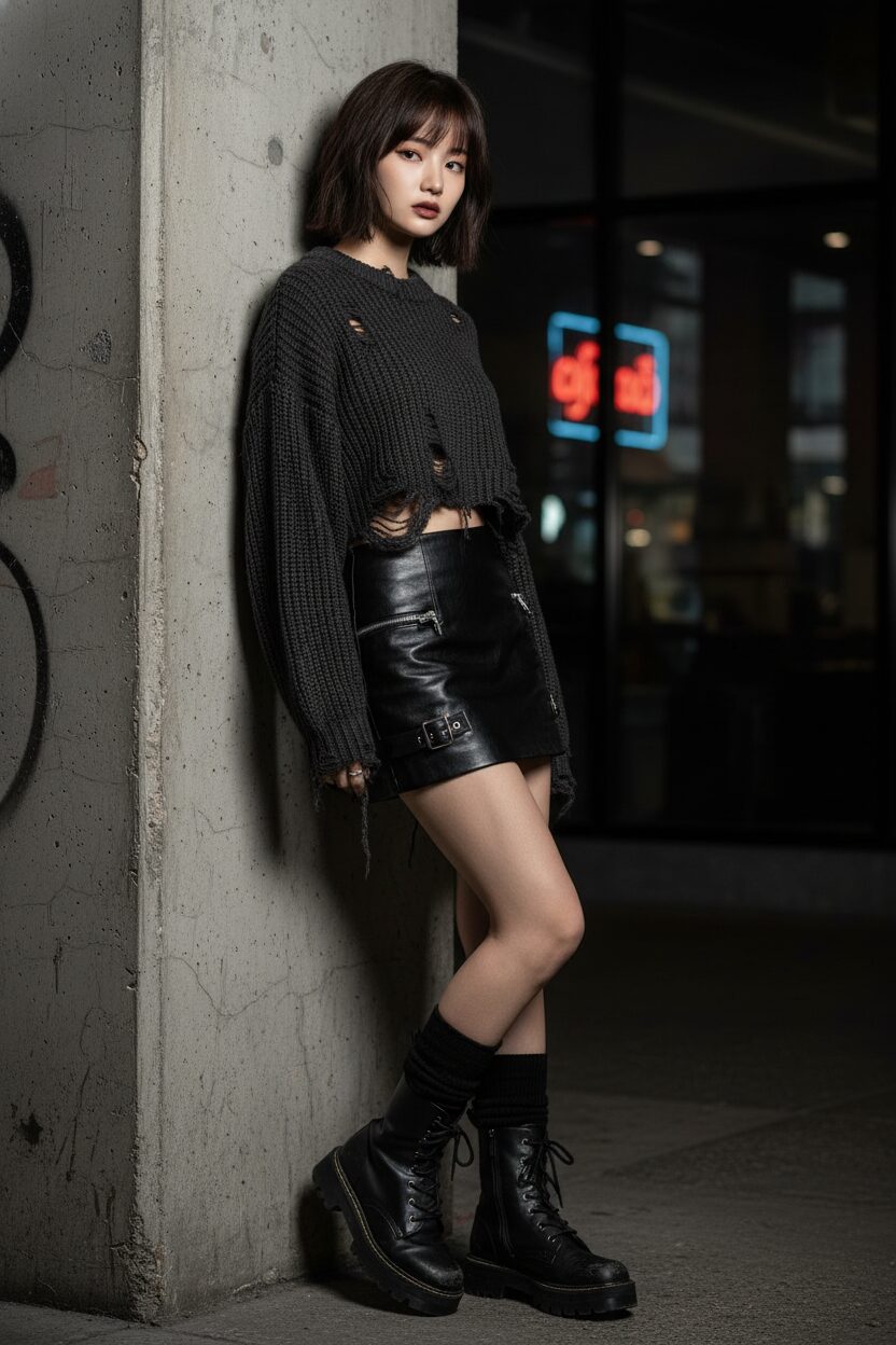 グランジテイストを取り入れたファッションポートレート。ダメージ加工されたクロップド丈のニット、黒のレザーマイクロミニスカート、そして黒のルーズソックスを着用したモデルがコンクリートの壁に寄りかかっている。