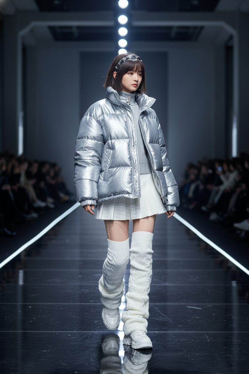 ランウェイを歩くモデルのダイナミックなショット。メタリックシルバーのパファージャケット、白のミニスカート、膝まで隠れる超ロング丈のルーズソックスを合わせた、近未来的なスクールガールルック。