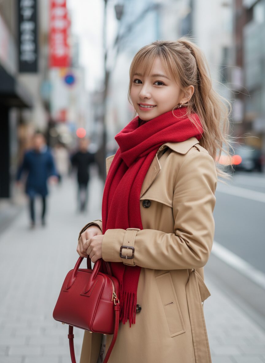 ベージュのトレンチコートに、差し色としてチェリーレッドのカシミアマフラーを巻いた女性のストリートスナップ風写真。手にはマフラーと同色の小さな赤いレザーハンドバッグを持っている。背景は少しぼやけた東京の街並みで、自然光が柔らかく当たっている、プロのファッション写真のような一枚。