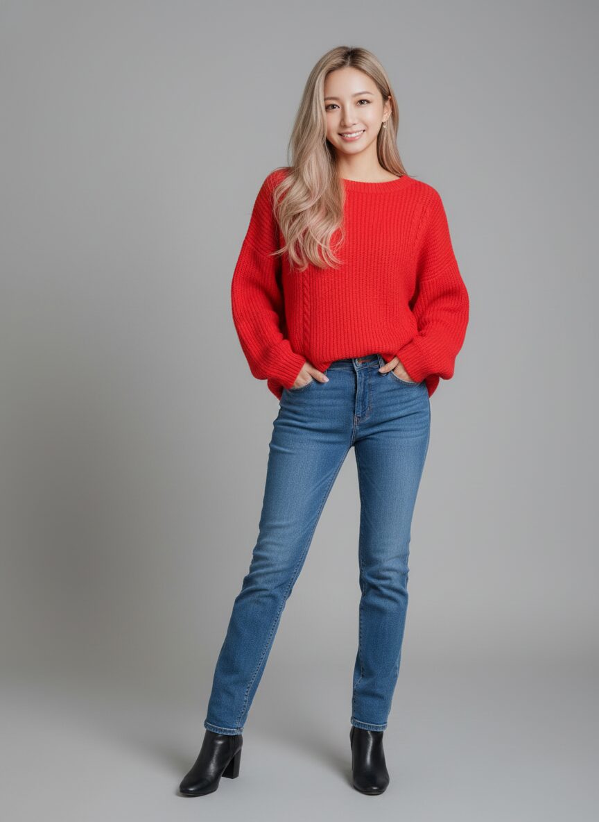 鮮やかな赤色のオーバーサイズニットセーターに、ストレートのブルージーンズと黒のレザーアンクルブーツを合わせた30代女性の全身写真。グレーの背景のミニマルなスタジオで、自信に満ちたポーズをとっている。ニットの質感が際立つ、明るく均一な照明。