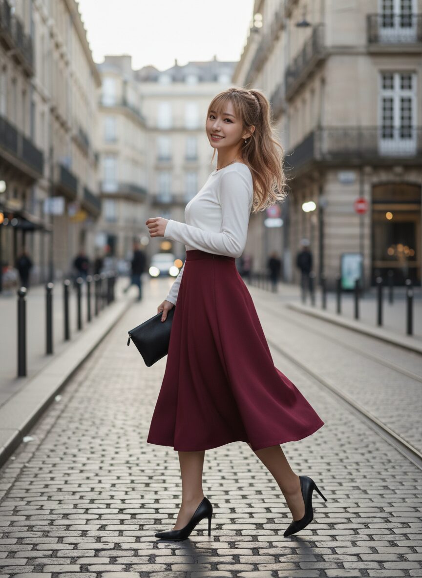 ヨーロッパの石畳の街並みを歩く、ファッショナブルな女性のストリートスナップ。上品なバーガンディのAラインミディスカートに、シンプルな白の長袖トップスと黒のハイヒールを合わせている。動きのある瞬間を捉えたダイナミックな写真。