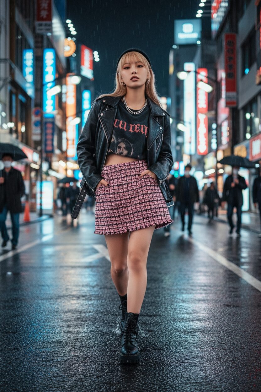 新宿のネオンきらめく通りを歩く、クールな日本人女性のストリートスナップ。ピンクと黒のオーバーサイズなツイードミニスカートに、黒のレザーライダースジャケットとクロップド丈のバンドTシャツ、厚底の黒いブーツを合わせている。強めのアイメイクで自信に満ちた表情。夜の街の躍動感が伝わる一枚。