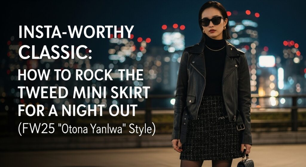 2025年秋冬の夜、東京の街並みを背景に、黒のツイードミニスカートとレザージャケットをスタイリッシュに着こなす日本人女性