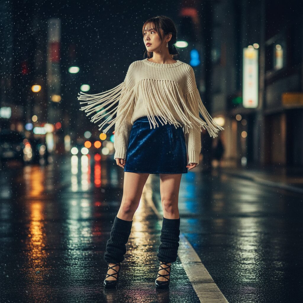 夜の街角に立つ日本人女性の全身ショット。光沢のあるネイビーの超ミニ丈ベロアスカートと、胸元に長いフリンジがついたクリーム色のニットトップを着用。足元は黒のルーズソックスをくしゅっとさせ、ストラップ付きのヒールパンプスを合わせている。背景は街灯のボケ感があり、ハイファッションな雰囲気。