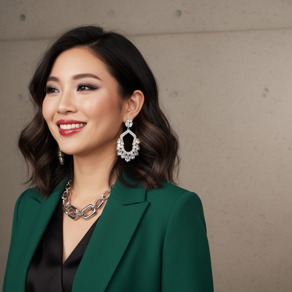 自信に満ちた笑顔を見せるスタイリッシュな日本人女性のポートレート。大ぶりのきらめくクリスタルのシャンデリアピアスと、チャンキーなシルバーネックレスを着用。