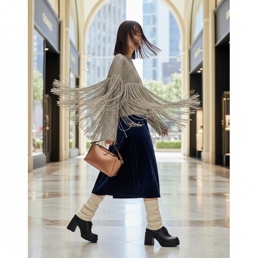 高級ショッピングアーケードを歩く女性の全身ショット。ベロアスカート、フリンジトップ、ルーズソックス、ヒールを着用。歩行に合わせてフリンジがなびいている。